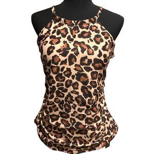 Tempt Me Leopard Print Tankini Swim Top ONLY Size L High Neck Ruched Tummy Contr